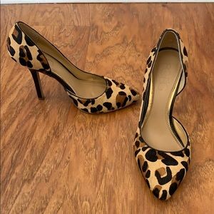 Leopard print heels with almond toe. 3” high